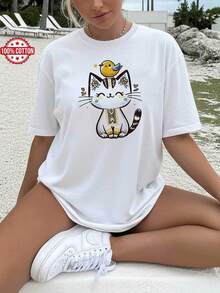 Camiseta inspiradora de mujer con estampado de diseño de pájaro y gato lindo - Top de cuello redondo - Diseño ligero de fantasía casual de primavera/verano y cita de autor - Ropa casual cómoda lavable a máquina - Blanco - Ver 2