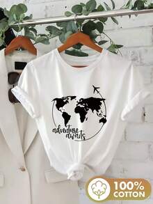 Camiseta de manga corta con estampado de aventura mundial en avión de verano - Blanco - Ver 2