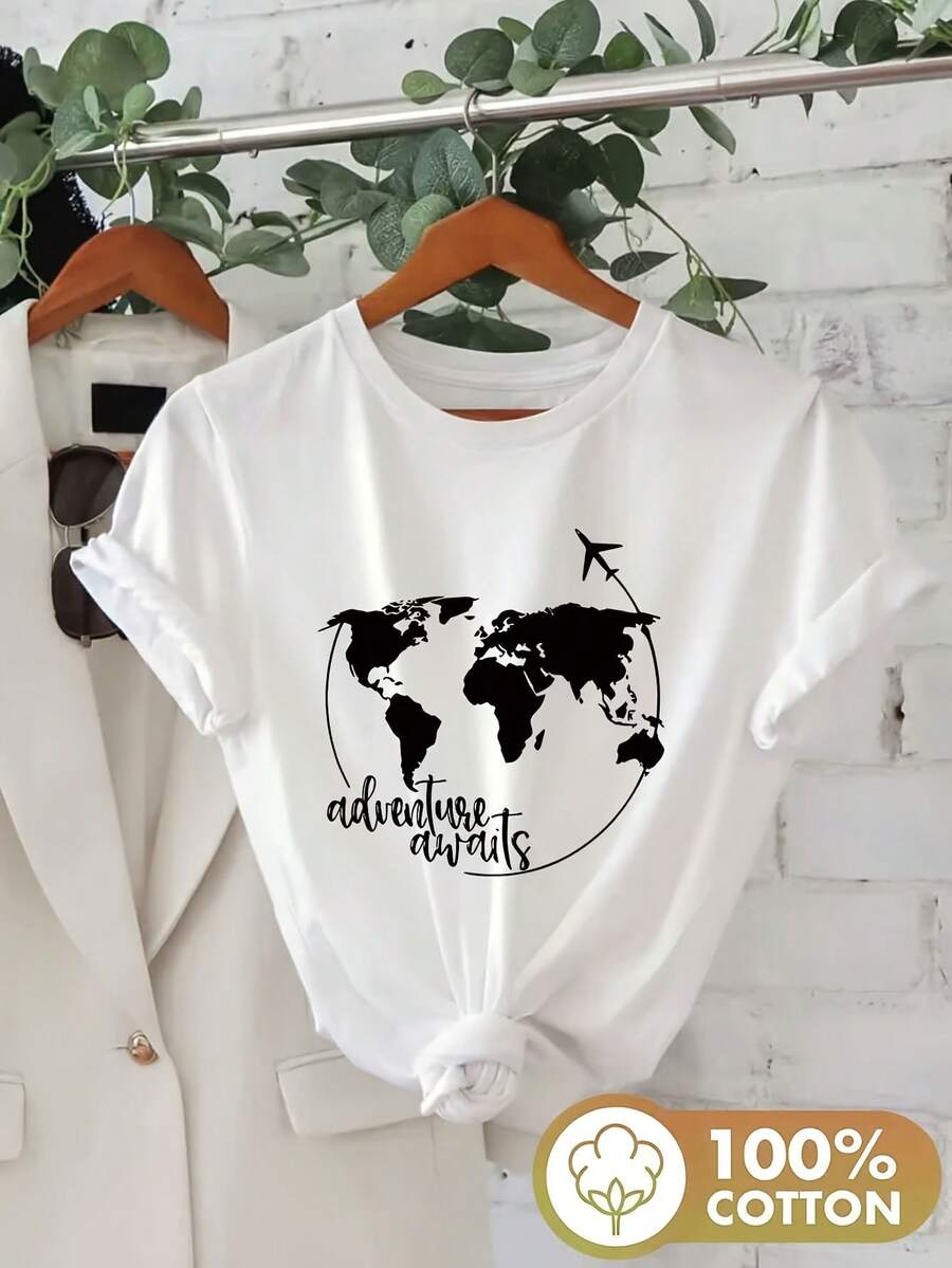Camiseta de manga corta con estampado de aventura mundial en avión de verano