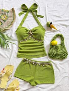 Conjunto de 2 piezas de top halter sin espalda y shorts, conjunto de ropa para vacaciones - Verde - Ver 4
