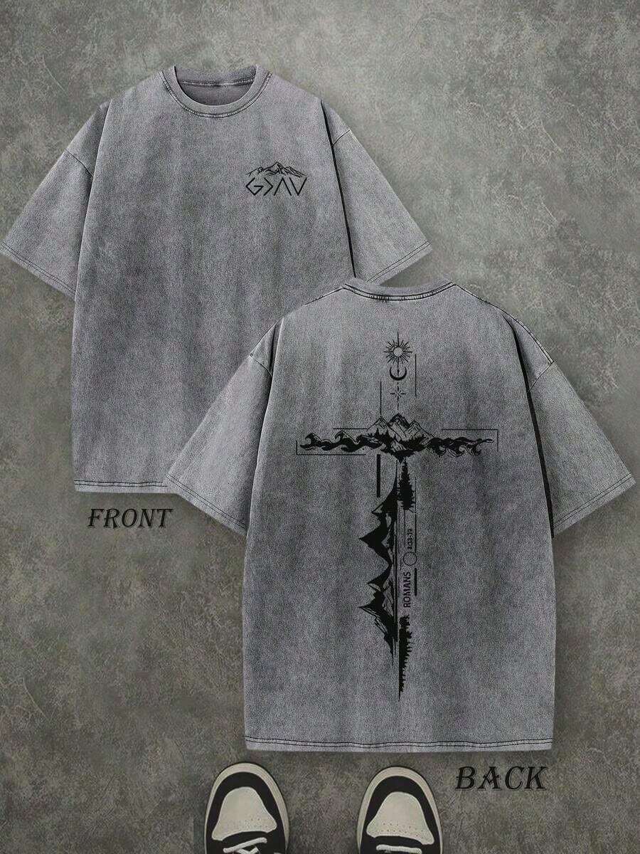 Camiseta Retro Lavada con Estampado a Doble Cara (Camiseta de 230 g de Algodón Puro) 'ROMANS' Dios Es Mayor Que Nuestros Altos y Bajos, Estampado de Letras, Regalo Cristiano, Camiseta para Hombre, Casual, Cómoda, a la Moda, Estilo Urbano, Algodón - Gris - Ver 1