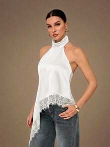 2026 Tall Backless Camisole Top With Elegant Lace Trim, Sexy Patchy Satin Sleeveless Blouse For Parties, Cocktails, Formal Occasions, Christmas, Business Casual - 軍綠色 - 查看 4
