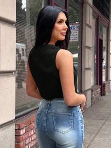 Camisa casual sin mangas de un solo pecho para mujer - Negro - Ver 2