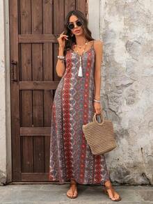 Vestido casual largo de punto elástico para mujer, cómodo y de moda para primavera/verano, vacaciones, adecuado para verano, vacaciones, con estampado vintage de flores, hojas y tropical - Multicolor 5 - Ver 5