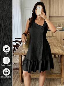 Vestido corto sin mangas de línea A con cuello asimétrico, botones, tela texturizada y volante en el bajo, para mujer de talla grande, casual para verano y vacaciones - Negro - Ver 1