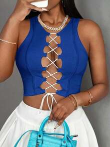 Top corto sin mangas con contraste de color acanalado, estilo casual básico, deportivo, sexy y de calle Y2K para mujeres - azul real - Ver 7
