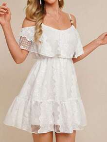 Vestido corto elegante de mujer con cuello en V, volantes, cintura y línea A, con estampado de lunares marrones y hombros descubiertos - Blanco 2 - Ver 6
