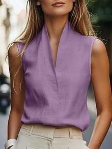 Camiseta sin mangas casual/de trabajo para mujer, estilo europeo y americano, ropa de ocio elegante en beige, azul, rosa, verde para el verano - Morado Violeta - Ver 1