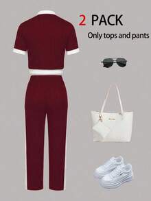 Conjunto casual de 2 piezas para mujer primavera/verano, diseño de bolsillo falso con botones de color contrastante, cuello redondo, manga corta y pantalones de cintura alta con ajuste relajado, elegante - Burdeos - Ver 4