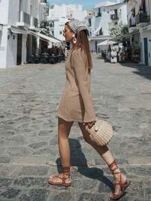 Vestido corto tipo capa de unicolor, informal, fresco, para vacaciones y playa, con adorno de encaje, de manga larga para mujer, para primavera/verano - Caqui - Ver 6