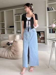 Top casual de manga corta con nudo delantero de unicolor, top crop para mujeres - Negro - Ver 4