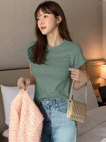 Camiseta de manga corta de mujer de cuello redondo de unicolor básica blanca, para primavera/verano, estilo casual empresarial - Verde 2 - Ver 5