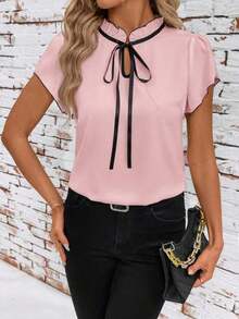 Camisa de mujer de manga corta, con lazo, volantes, a cuadros, elegante y casual para vacaciones y picnic, primavera/verano - Rosa - Ver 5
