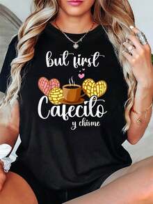 Camiseta de mujer con el tema "but first Cafecito y chisme", estampado con el eslogan en español "café y pan", de manga corta informal, en colores rosa, amarillo y marrón, cómoda y divertida, adecuada para el uso diario en una reunión de amigas. - Negro - Ver 1