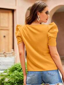 Clasi Blusa de cuello con abertura de ojo de manga farol - Amarillo - Ver 2