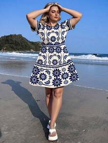 Vestido de camiseta con estampado de leopardo completo, de manga corta, holgado y de talla grande, estilo de vestido de pastel de vacaciones en la playa, para usar en primavera y verano, para festivales de música - Multicolor 2 - Ver 4