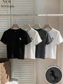Set de 4 camisetas cortas de manga corta, cuello redondo, ajustadas y con bordados de unicolor para mujer, aptas para uso diario - Multicolor 3 - Ver 3