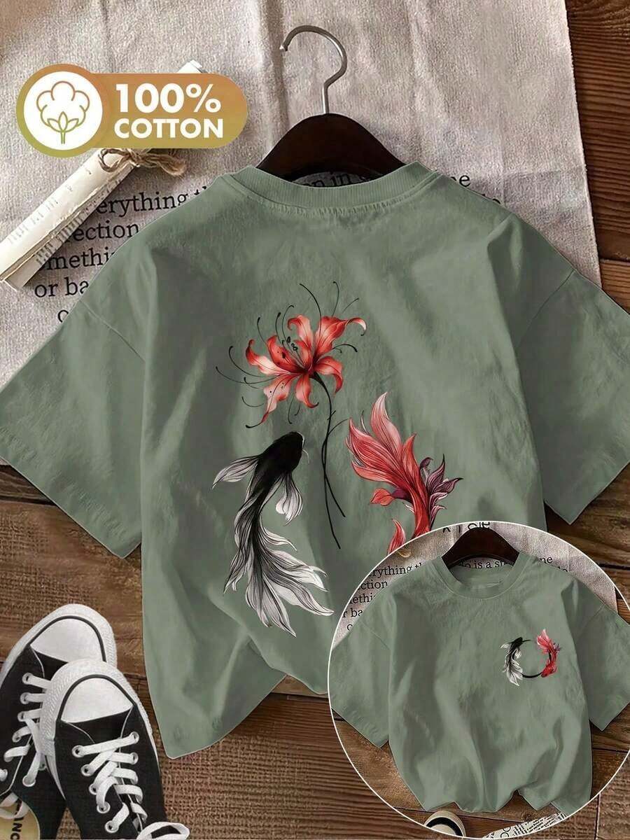 Limited Edition: Women's Summer Clothing With Double-Sided Prints In A New Style, Featuring Koi And Floral Designs. Casual Short-Sleeve Crew Neck T-Shirt In Lightweight Cotton. - 綠色的 - 查看 1