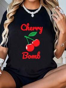 Camiseta Retro Vintage Estilo Antiguo con Estampado de Cerezas, Cuello Redondo, Estilo Artístico, Camiseta de Verano para Mujer, Camisetas de Algodón para Mujer, Lavables a Máquina, Transpirables, Suaves y Casuales - Negro - Ver 1