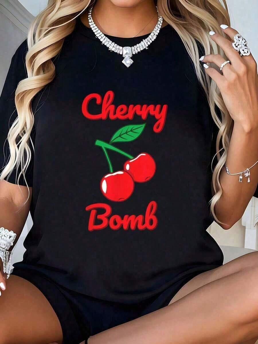Retro Vintage Style Cherry Print T-Shirt, Round Neck, Artistic Style, Summer T-Shirt For Women, Cotton T-Shirts For Women, Machine Washable, Breathable, Soft And Casual - 黑色 - 查看 1