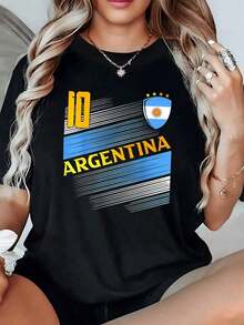 Rayas azules y blancas acompañadas del número 10 y escudo con sol que simbolizan orgullo y pasión por Argentina en camiseta de mujer moderna cómoda y perfecta para mostrar amor por el fútbol - Negro - Ver 7