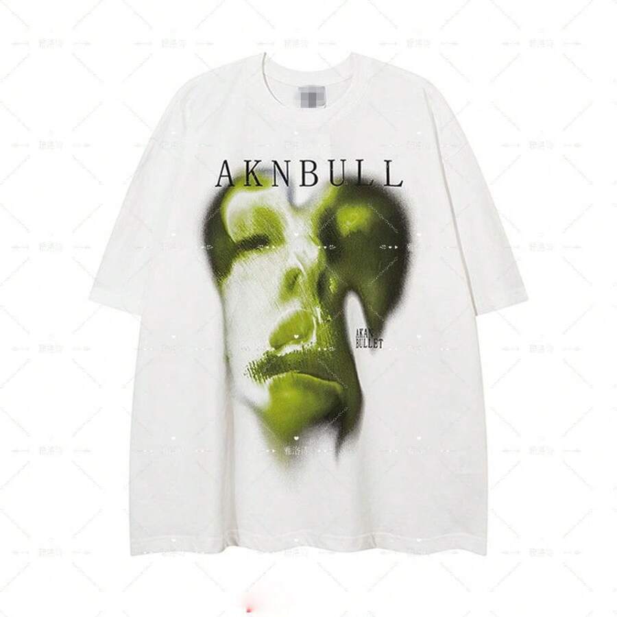 High-Quality Pure Cotton Short-Sleeved T-Shirt For Men And Women, With Ghost Portrait Print, European And American Hip-Hop Style, Fashionable And Urban Style For Summer. - 黑色 - 查看 1