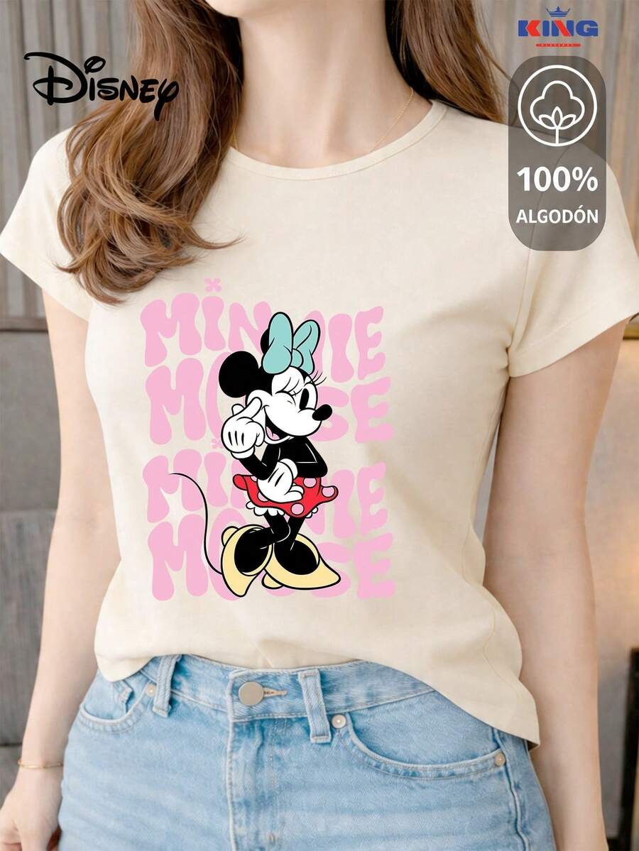 Women's T-Shirt Made Of 100% High-Quality Cotton. This T-Shirt Guarantees Exceptional Softness To The Touch, A Round Neck With A "Disney Minnie Mouse Retro Typography" Print, And Short Sleeves. - 米色 - 查看 1