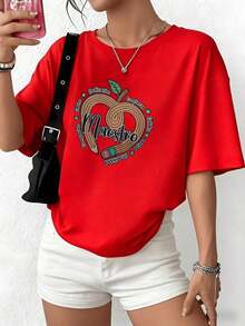 100% Cotton. Illustration Of An Apple Drawn In Pencil With Words Like Dedication, Trust, Love, And Gratitude, Symbolizing Appreciation For The Teacher. Women's 100% Cotton Casual Comfortable T-Shirt. Women's Simple Solid Color T-Shirt, Loose And Slim Fit Casual Short Sleeve - 紅色的 - 查看 1