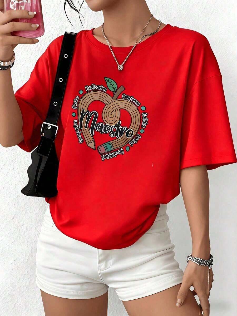100% Cotton. Illustration Of An Apple Drawn In Pencil With Words Like Dedication, Trust, Love, And Gratitude, Symbolizing Appreciation For The Teacher. Women's 100% Cotton Casual Comfortable T-Shirt. Women's Simple Solid Color T-Shirt, Loose And Slim Fit Casual Short Sleeve - 紅色的 - 查看 1