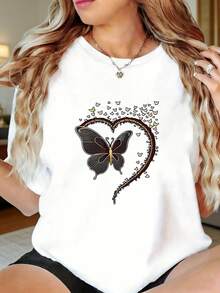 Talla grande, camiseta de talla grande con contorno de mariposa y corazón + estampado de mariposa en lámina dorada, estilo romántico y delicado, manga corta para uso diario, camiseta blanca de cuello redondo estampada para mujer - Adecuada para primavera, verano y otoño, lavable a máquina. - Blanco - Ver 1