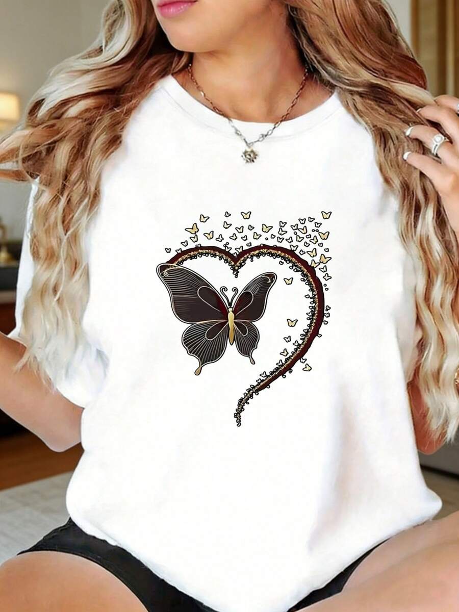 Talla grande, camiseta de talla grande con contorno de mariposa y corazón + estampado de mariposa en lámina dorada, estilo romántico y delicado, manga corta para uso diario, camiseta blanca de cuello redondo estampada para mujer - Adecuada para primavera, verano y otoño, lavable a máquina. - Blanco - Ver 1