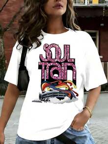 Women's Casual T-Shirt, "The Soul Train" Graphic Design In Vibrant Colors, Short Sleeve, Comfortable For Casual And Elegant Outfits, Lightweight And Breathable, Machine Washable, Regular Fit, Crew Neck, 100% Cotton, Durable - 白色 - 查看 1
