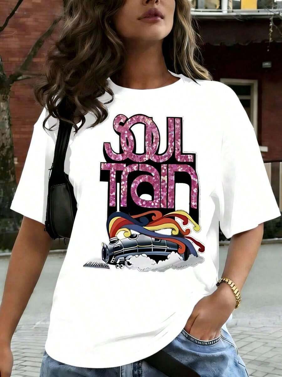 Women's Casual T-Shirt, "The Soul Train" Graphic Design In Vibrant Colors, Short Sleeve, Comfortable For Casual And Elegant Outfits, Lightweight And Breathable, Machine Washable, Regular Fit, Crew Neck, 100% Cotton, Durable - 白色 - 查看 1