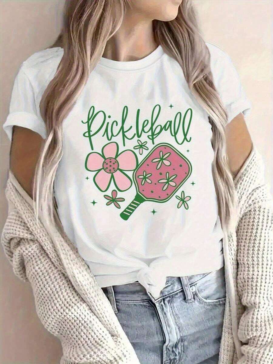 Camiseta Gráfica de Pickleball Wo | Camiseta de manga corta, suave y transpirable, con cuello redondo y diseño de pala y pelota, corte relajado, ideal para uso casual en verano, con un vibrante diseño temático de pickleball y gráficos de pala y pelota, perfecta para uso casual y para jugar con la pala. - Blanco - Ver 1