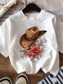 Playeras de mujer, ropa de talla grande para mujer, estampado de vaquera del oeste, diseño de sombrero de vaquero floral, estilo boho, camiseta casual de manga corta 100% algodón para mujere - Blanco - Ver 7
