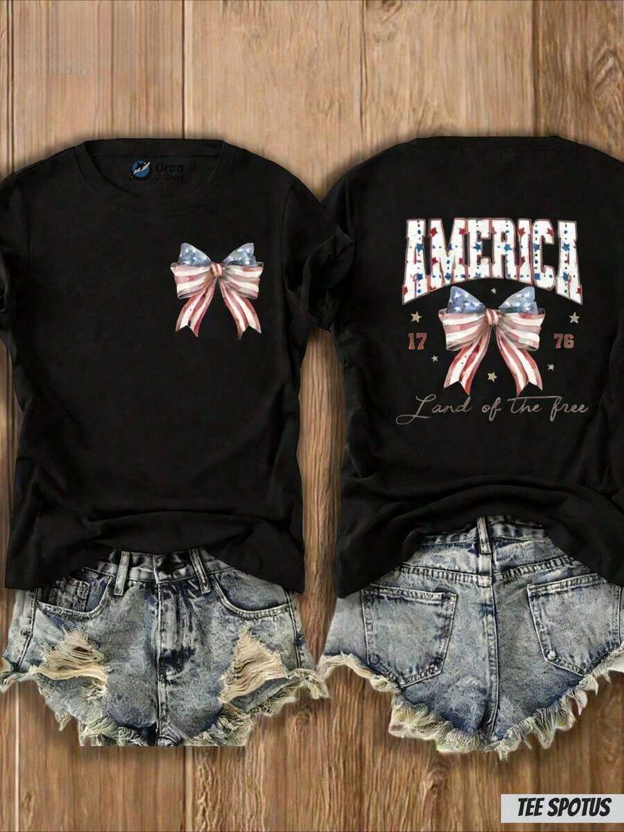 1 Piece, 100% Women's, T-Shirt With "Land Of The Free" American Flag And Ribbon Print - 4th Of July Outfit, Casual Round Neck Top With Map Design, Suitable For Spring And Summer, Gift (Local Shipping). Women's Summer Cotton T-Shirt, White, Short Sleeve, Soft. - 黑色 - 查看 1