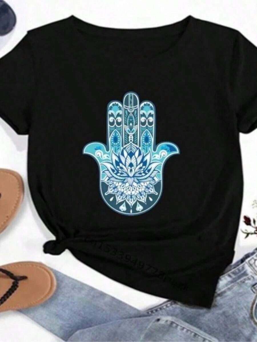 Women's T-Shirts With Simple And Versatile Design, Christmas Hamsa Hand Print, Unisex Harajuku T-Shirts With Lucky Hamsa Hand, Short Sleeve Summer T-Shirts, Black Cotton T-Shirts For Women - 黑色 - 查看 1