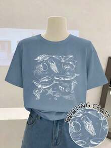 Women's Round Neck And Drop Shoulder T-Shirt, Minimalist And Fashionable, Ideal For Summer - 水鴨藍 - 查看 6