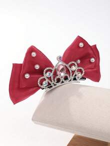 1pc Girls Stage Performance Bow Crown Hair Accessory 3D Beaded Hair Clip Oversized Princess Top Clip (Diameter 13cm) - Red - View 5