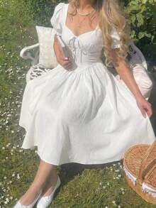 MOD Vestido elegante de longitud media con mangas cortas de pétalos y lazo delantero de unicolor para mujer - Blanco - Ver 9