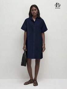 Loose-Fitting Cotton Dress With A Mandarin Collar, Front Buttons, And A Solid Color For Women. Basic Minimalist Style For Everyday Wear, Work, Business Casual, And Office. - Grey - View 2