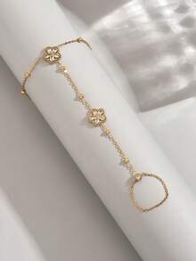 1 pieza Cadena de mano de joyería de acero inoxidable chapada en oro de 18K con flor de circonita para mujer - Dorado - Ver 2
