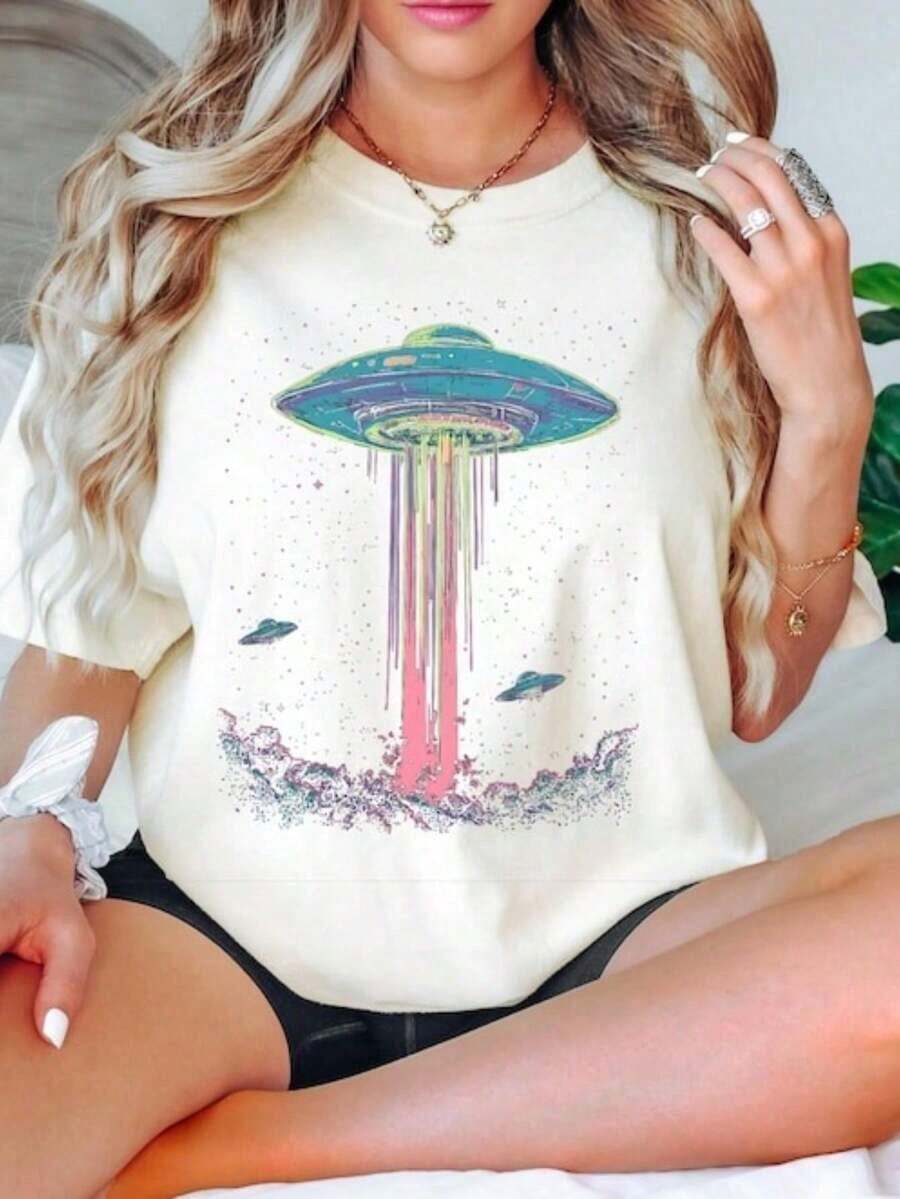 Alien Retro Casual T-Shirt, Space UFO T-Shirt, Outer Space Graphic T-Shirt, Galaxy Print, Funny Sci-Fi T-Shirt, Modern Minimalist Sweatshirt, Cool, Millennium Theme, 100% Pure Cotton T-Shirt. - 白色 - 查看 1