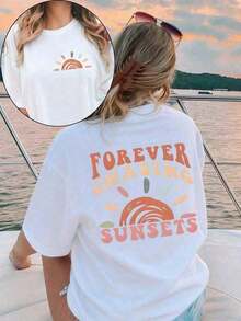 Under The Radar Women's Plus Size Short Sleeve T-Shirt Set With Printed Design, Perfect For Summer. Also Includes A "Forever Chasing Sunsets" Print Tee, Ideal For Beach Trips. Women's Summer Outfits, Women's Vacation Outfits, Summer Clothes, Women's Spring Outfits, Summer Blouses, Festival Outfits, Women's Easter Set - Unisex Urban Vintage Style Loose Fit Cotton Short Sleeve Crew Neck T-Shirt - 白色 - 查看 7