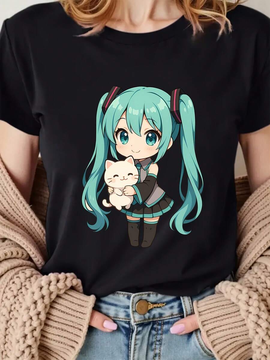 Short Sleeve T-Shirt With Anime Cat Print, Recommended Style, Breathable Round Neck, Fashionable Sports T-Shirt, Casual Top For Women - 黑色 - 查看 1