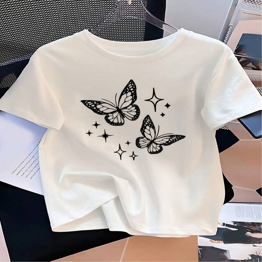 Women's Casual Short Sleeve T-Shirt, Butterfly And Black Star Print - White Round Neck Loose Fit Top, Machine Washable, Versatile Fashion, Soft Fabric, Printed T-Shirt S-XXXL - 白色 - 查看 1