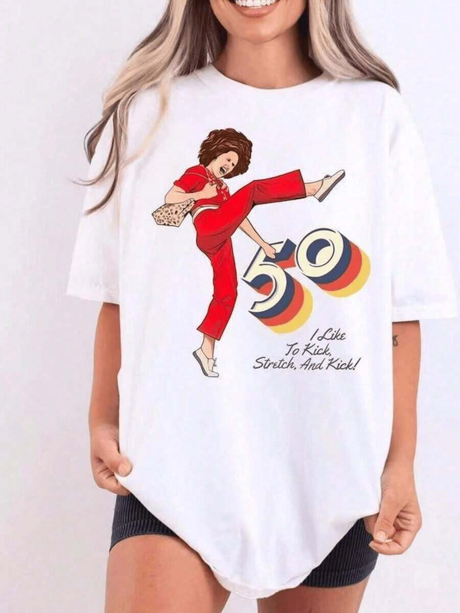 New Fashionable Women's Round Neck T-Shirt, Sporty Style, For 50th Birthday, Casual Women's T-Shirt, Fun, Retro, For Exercise, Daily Wear, Cotton T-Shirt, 1 Piece, Vibrant, Sporty, Motivational, Great Gift, Graphic Print T-Shirt, Versatile Design For Summer. - 白色 - 查看 1