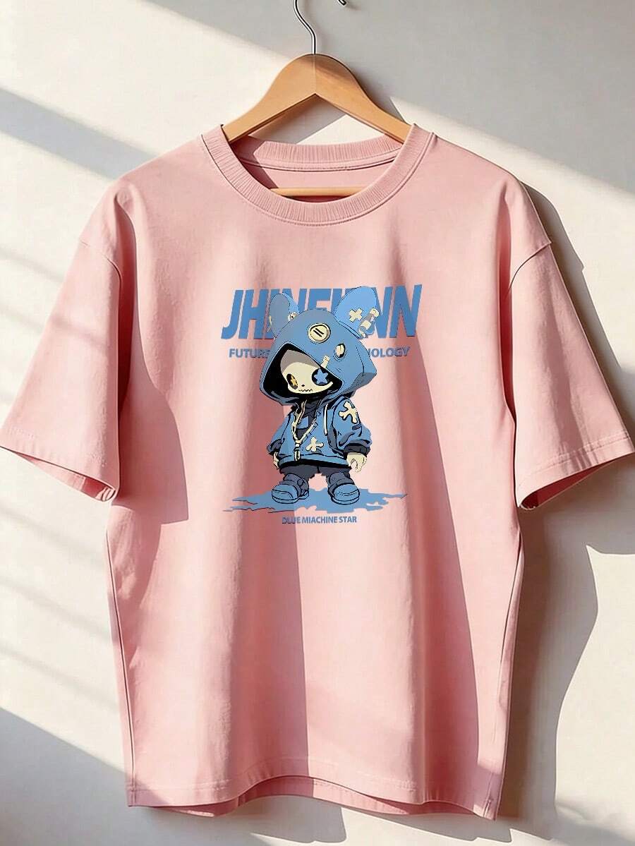 Blue Streetwear Character T-Shirt With "JHINEINN" Text, Fashionable Short-Sleeve T-Shirt For Spring/Summer 2026, Made In Mexico, 180 Grams. Cartoon Print, Couple Design, Suitable For Indoor Or Outdoor Wear. Crew Neck, Unisex, Ideal For Office And Leisure. One-Pack. - PK-P631577SLNDXZGY635 - 查看 1