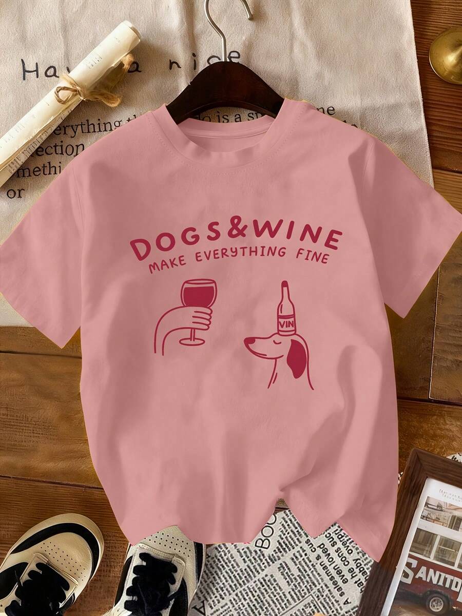 Women's Round Neck T-Shirt, New Fashion 2026, With Cartoon Puppy Print And Wine Red, Versatile For Daily Wear, Casual And Comfortable, Short Sleeve. - 桃 - 查看 1