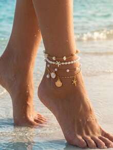 4pcs Fashionable Casual Versatile ABS Oval Faux Pearl Turquoise Starfish Asymmetrical Stone Chain Anklet Set, Suitable For Daily, Summer Beach, Vacation Matching - Gold - View 1